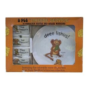 Vintage Enesco Suzy's Zoo Set of 4 cheese plates & picks 1976 Anthropomorphic